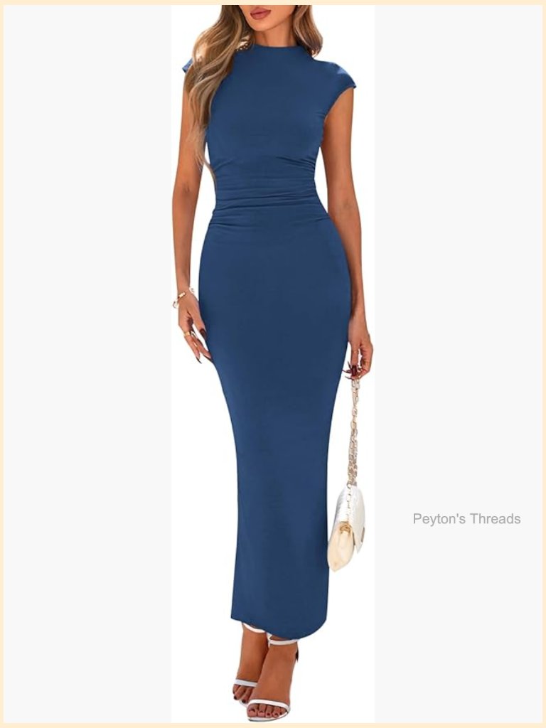 Cap Sleeve Mock Neck Ruched Bodycon Maxi Dress With Back Slit